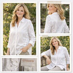 🤍 Chico’s White Eyelet Button-Down Shirt | Effortless & Timeless